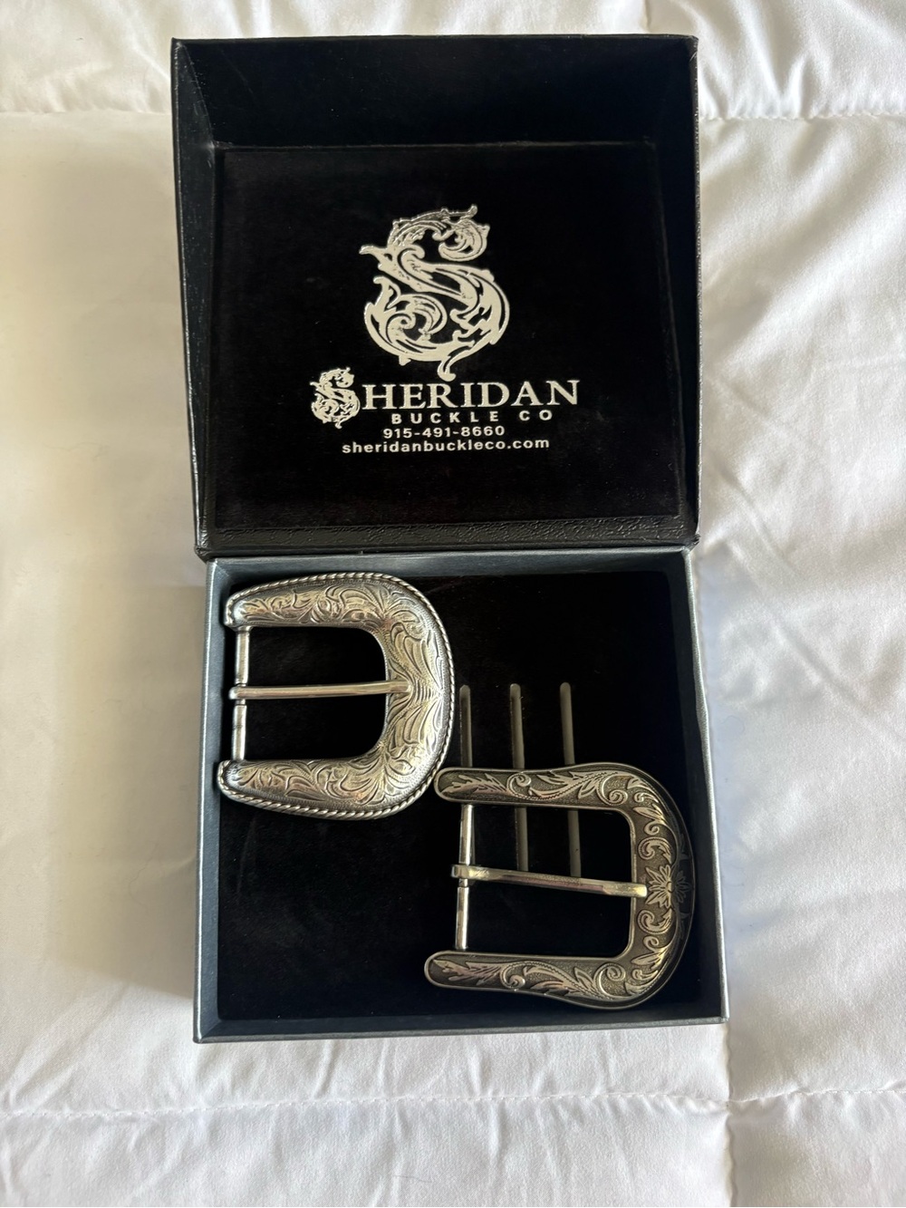 Sheridan Buckle Co. Silver Engraved Western Belt Buckle Set